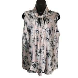 Anne Klein Tie Neck Sleeveless Satin Floral Blouse top Size XL